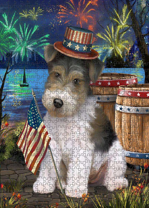 4th of July Independence Day Fireworks Wire Hair Fox Terrier Dog at the Lake Puzzle with Photo Tin PUZL57648