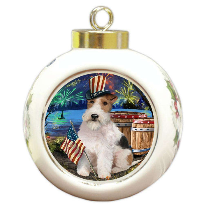 4th of July Independence Day Fireworks Wire Hair Fox Terrier Dog at the Lake Round Ball Christmas Ornament RBPOR51258