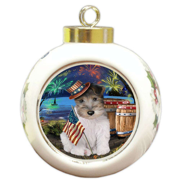 4th of July Independence Day Fireworks Wire Hair Fox Terrier Dog at the Lake Round Ball Christmas Ornament RBPOR51259