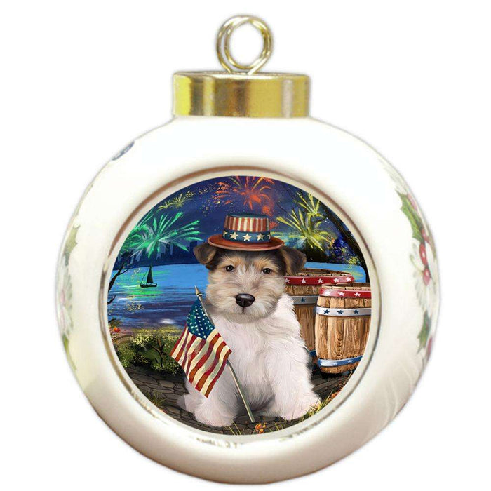 4th of July Independence Day Fireworks Wire Hair Fox Terrier Dog at the Lake Round Ball Christmas Ornament RBPOR51260