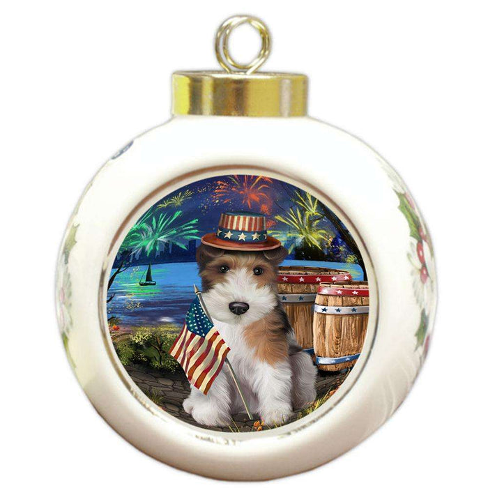 4th of July Independence Day Fireworks Wire Hair Fox Terrier Dog at the Lake Round Ball Christmas Ornament RBPOR51261