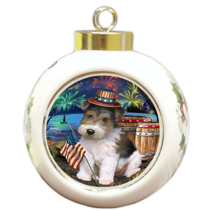 4th of July Independence Day Fireworks Wire Hair Fox Terrier Dog at the Lake Round Ball Christmas Ornament RBPOR51262