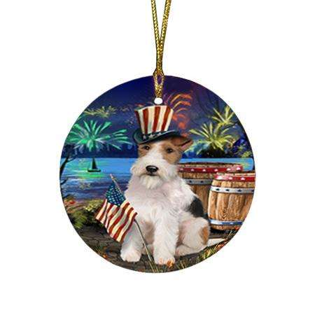 4th of July Independence Day Fireworks Wire Hair Fox Terrier Dog at the Lake Round Flat Christmas Ornament RFPOR51249