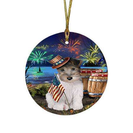 4th of July Independence Day Fireworks Wire Hair Fox Terrier Dog at the Lake Round Flat Christmas Ornament RFPOR51250