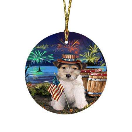 4th of July Independence Day Fireworks Wire Hair Fox Terrier Dog at the Lake Round Flat Christmas Ornament RFPOR51251