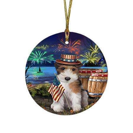 4th of July Independence Day Fireworks Wire Hair Fox Terrier Dog at the Lake Round Flat Christmas Ornament RFPOR51252