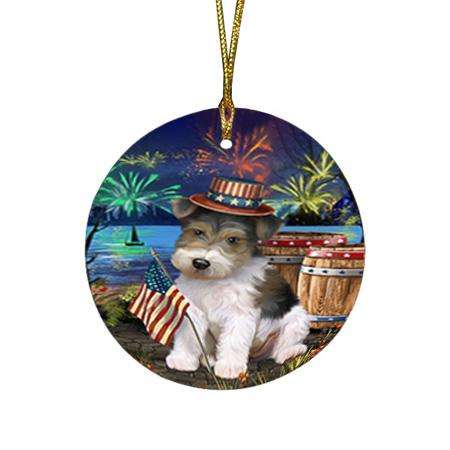 4th of July Independence Day Fireworks Wire Hair Fox Terrier Dog at the Lake Round Flat Christmas Ornament RFPOR51253
