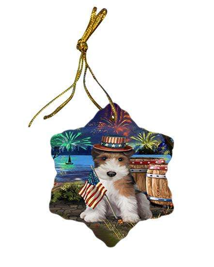 4th of July Independence Day Fireworks Wire Hair Fox Terrier Dog at the Lake Star Porcelain Ornament SPOR51253