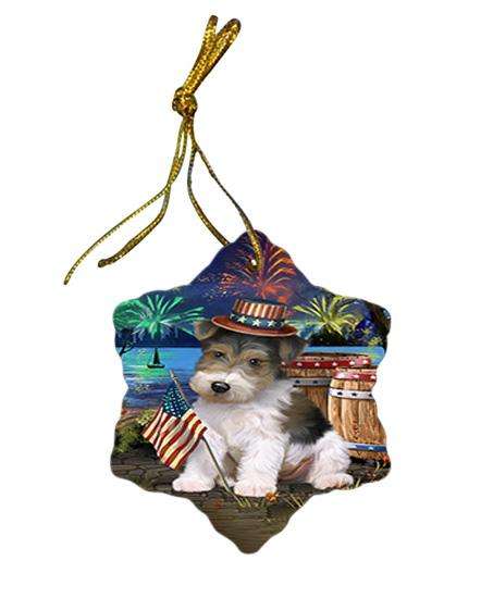 4th of July Independence Day Fireworks Wire Hair Fox Terrier Dog at the Lake Star Porcelain Ornament SPOR51254