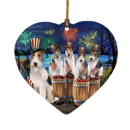 4th of July Independence Day Fireworks Wire Hair Fox Terriers at the Lake Heart Christmas Ornament HPOR51061