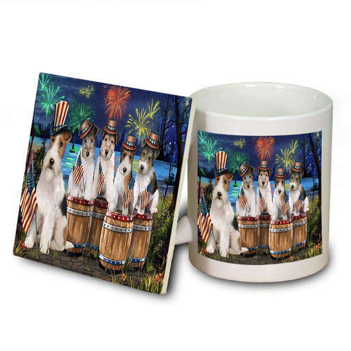 4th of July Independence Day Fireworks Wire Hair Fox Terriers at the Lake Mug and Coaster Set MUC51053