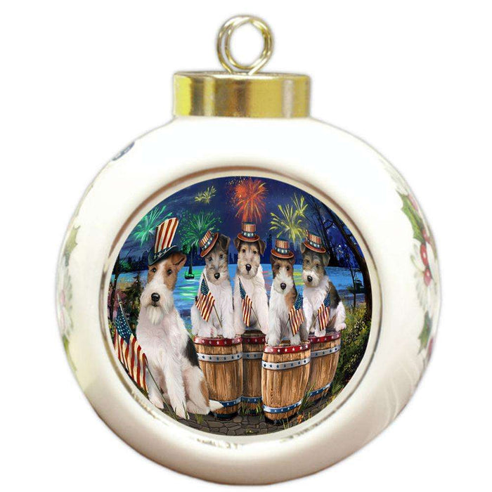 4th of July Independence Day Fireworks Wire Hair Fox Terriers at the Lake Round Ball Christmas Ornament RBPOR51061