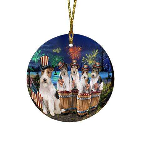 4th of July Independence Day Fireworks Wire Hair Fox Terriers at the Lake Round Flat Christmas Ornament RFPOR51052