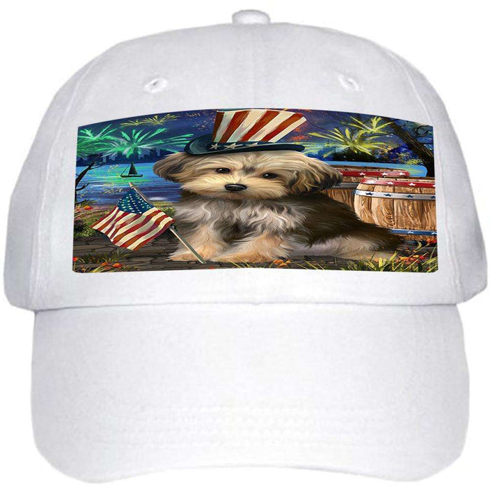 4th of July Independence Day Fireworks Yorkipoo Dog at the Lake Ball Hat Cap HAT57522