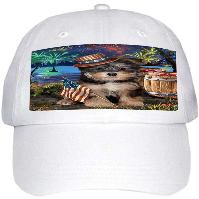 4th of July Independence Day Fireworks Yorkipoo Dog at the Lake Ball Hat Cap HAT57525