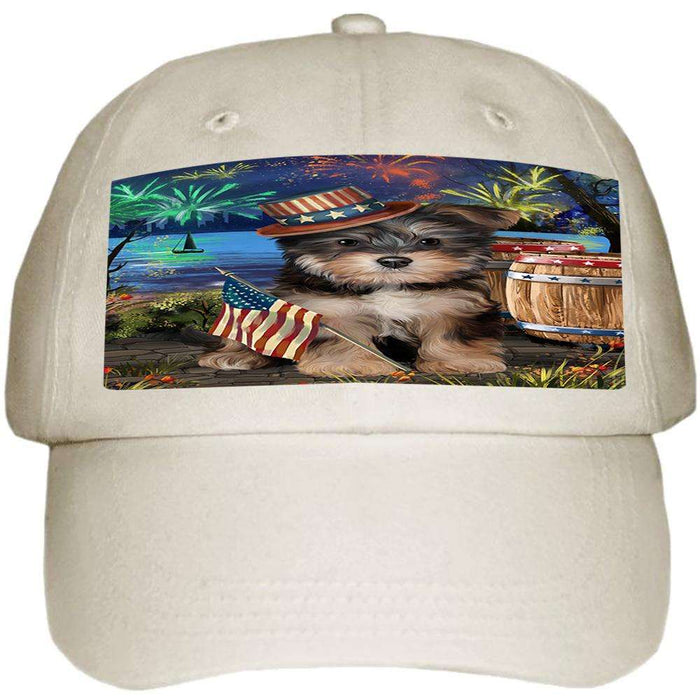 4th of July Independence Day Fireworks Yorkipoo Dog at the Lake Ball Hat Cap HAT57525