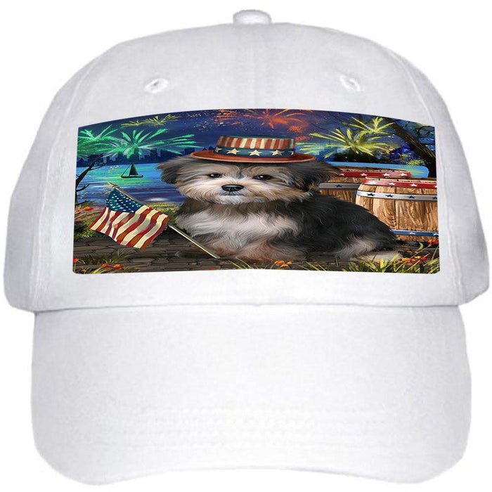 4th of July Independence Day Fireworks Yorkipoo Dog at the Lake Ball Hat Cap HAT57531