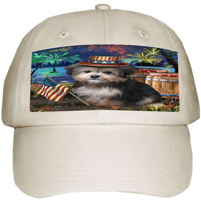 4th of July Independence Day Fireworks Yorkipoo Dog at the Lake Ball Hat Cap HAT57531