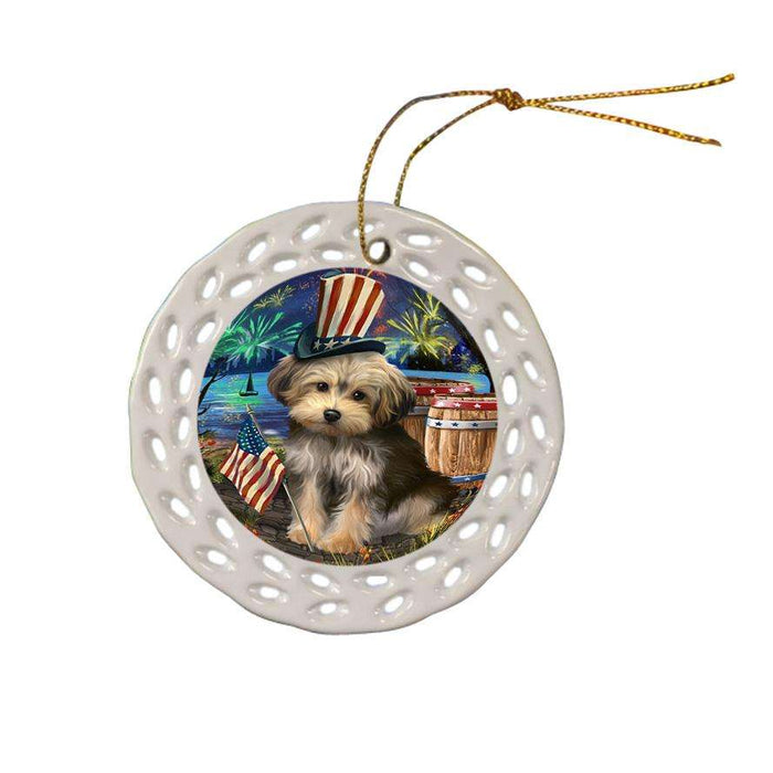 4th of July Independence Day Fireworks Yorkipoo Dog at the Lake Ceramic Doily Ornament DPOR51263