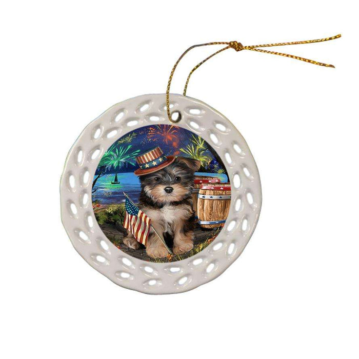4th of July Independence Day Fireworks Yorkipoo Dog at the Lake Ceramic Doily Ornament DPOR51264