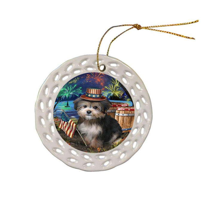 4th of July Independence Day Fireworks Yorkipoo Dog at the Lake Ceramic Doily Ornament DPOR51266