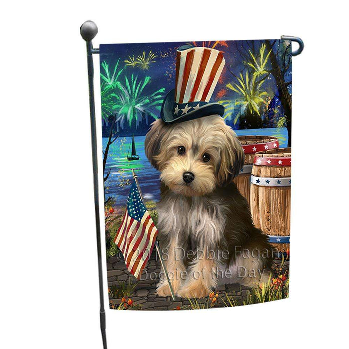 4th of July Independence Day Fireworks Yorkipoo Dog at the Lake Garden Flag GFLG51185