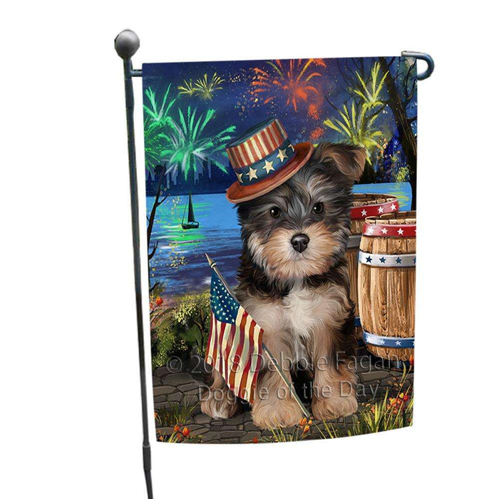 4th of July Independence Day Fireworks Yorkipoo Dog at the Lake Garden Flag GFLG51186