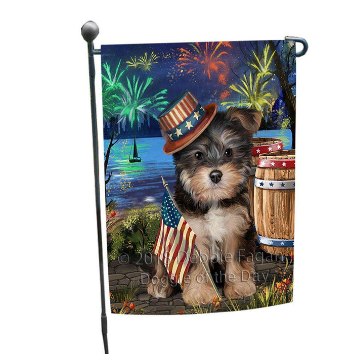 4th of July Independence Day Fireworks Yorkipoo Dog at the Lake Garden Flag GFLG51187