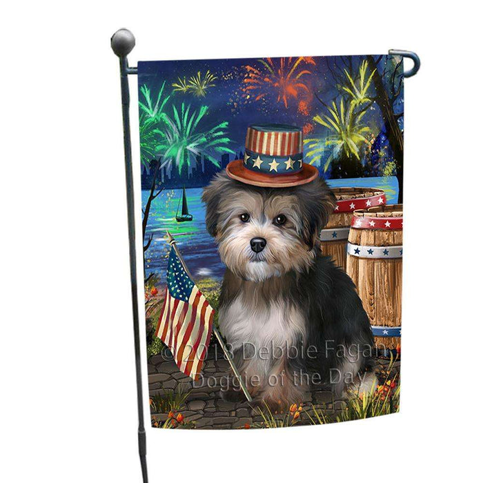 4th of July Independence Day Fireworks Yorkipoo Dog at the Lake Garden Flag GFLG51188