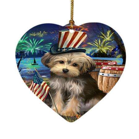 4th of July Independence Day Fireworks Yorkipoo Dog at the Lake Heart Christmas Ornament HPOR51263