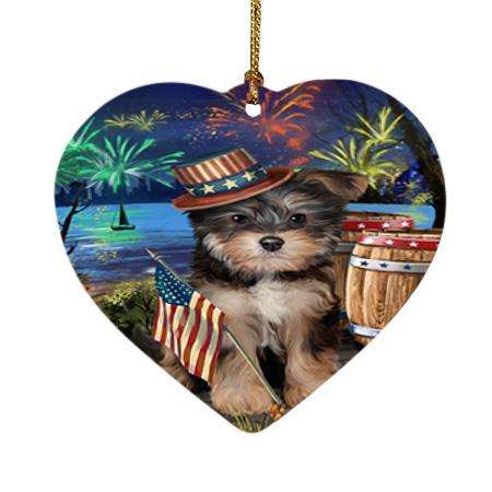 4th of July Independence Day Fireworks Yorkipoo Dog at the Lake Heart Christmas Ornament HPOR51264