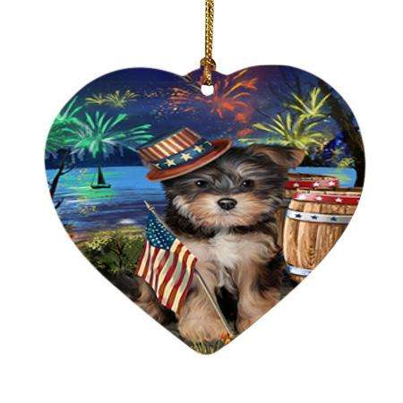 4th of July Independence Day Fireworks Yorkipoo Dog at the Lake Heart Christmas Ornament HPOR51265