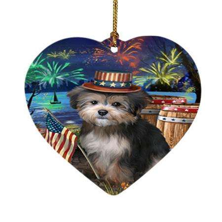 4th of July Independence Day Fireworks Yorkipoo Dog at the Lake Heart Christmas Ornament HPOR51266