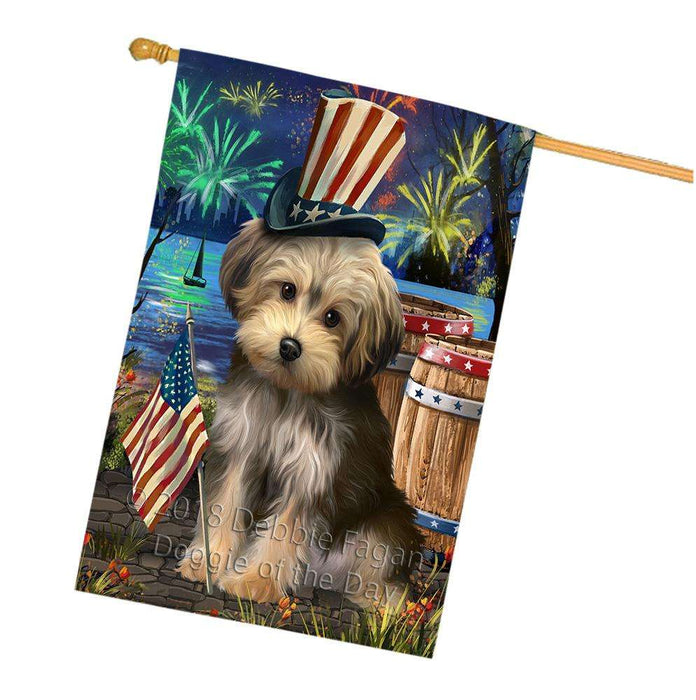 4th of July Independence Day Fireworks Yorkipoo Dog at the Lake House Flag FLG51321