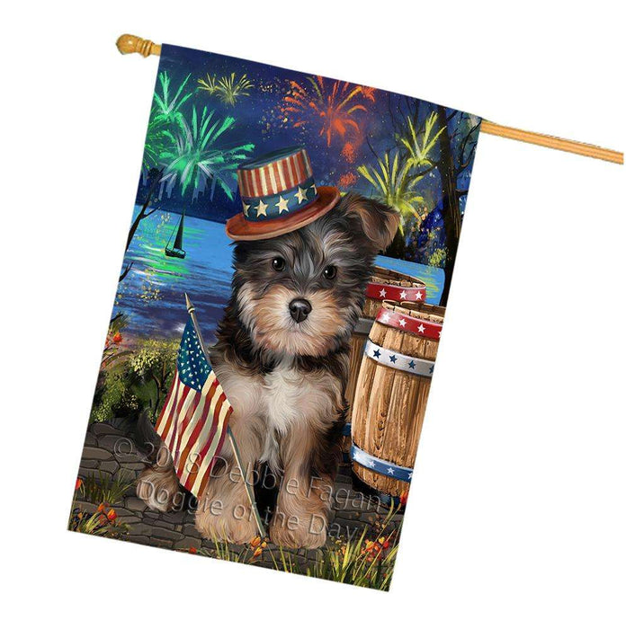 4th of July Independence Day Fireworks Yorkipoo Dog at the Lake House Flag FLG51322