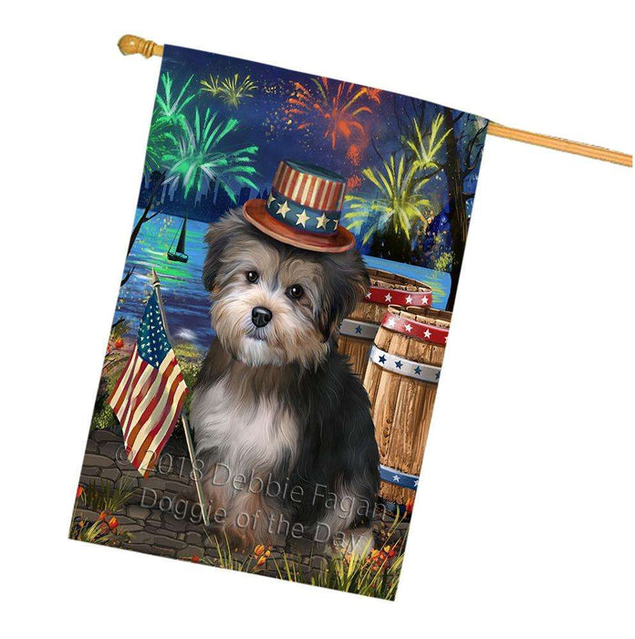 4th of July Independence Day Fireworks Yorkipoo Dog at the Lake House Flag FLG51324