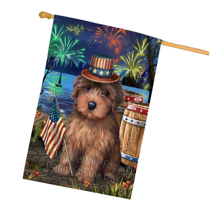 4th of July Independence Day Fireworks Yorkipoo Dog at the Lake House Flag FLG51325
