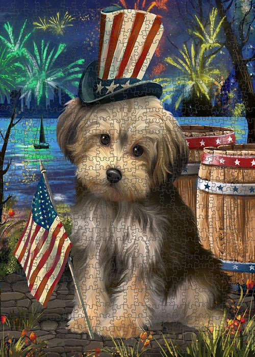 4th of July Independence Day Fireworks Yorkipoo Dog at the Lake Puzzle with Photo Tin PUZL57651