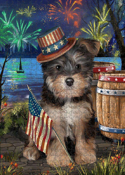 4th of July Independence Day Fireworks Yorkipoo Dog at the Lake Puzzle with Photo Tin PUZL57654