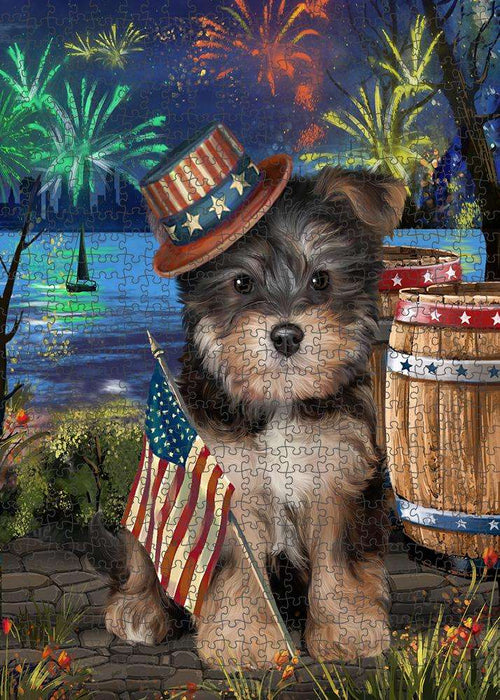 4th of July Independence Day Fireworks Yorkipoo Dog at the Lake Puzzle with Photo Tin PUZL57657