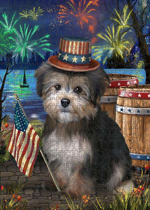 4th of July Independence Day Fireworks Yorkipoo Dog at the Lake Puzzle with Photo Tin PUZL57660