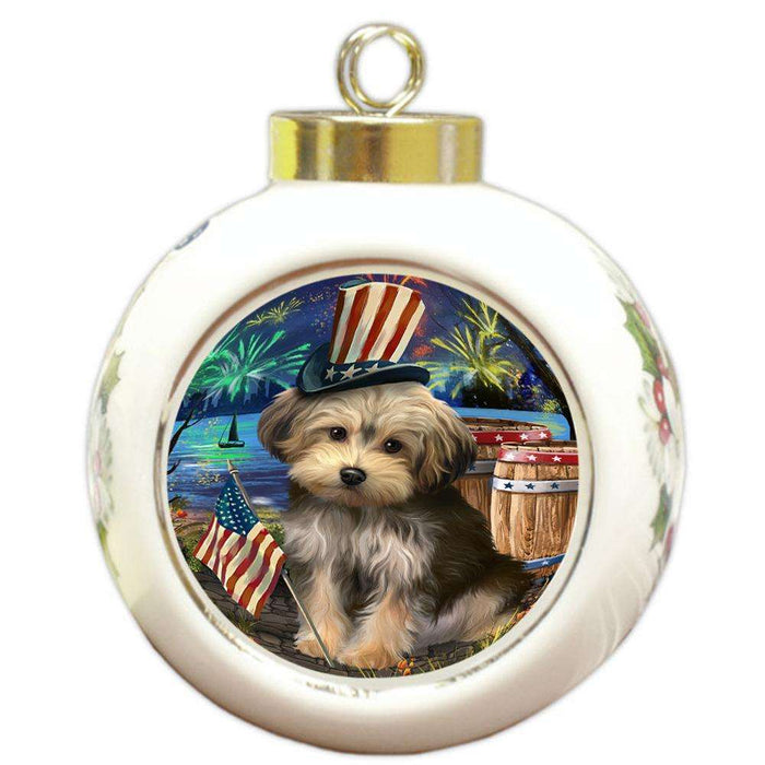 4th of July Independence Day Fireworks Yorkipoo Dog at the Lake Round Ball Christmas Ornament RBPOR51263