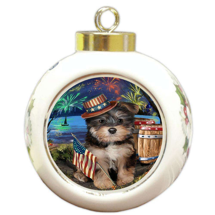 4th of July Independence Day Fireworks Yorkipoo Dog at the Lake Round Ball Christmas Ornament RBPOR51264