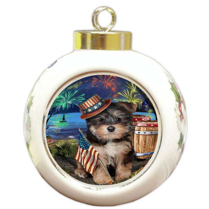 4th of July Independence Day Fireworks Yorkipoo Dog at the Lake Round Ball Christmas Ornament RBPOR51265