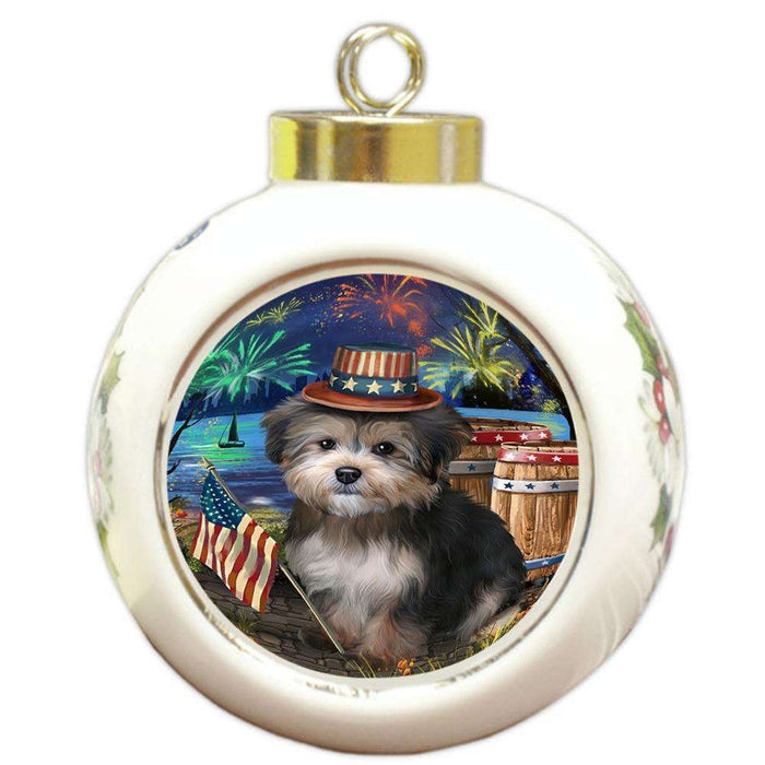 4th of July Independence Day Fireworks Yorkipoo Dog at the Lake Round Ball Christmas Ornament RBPOR51266