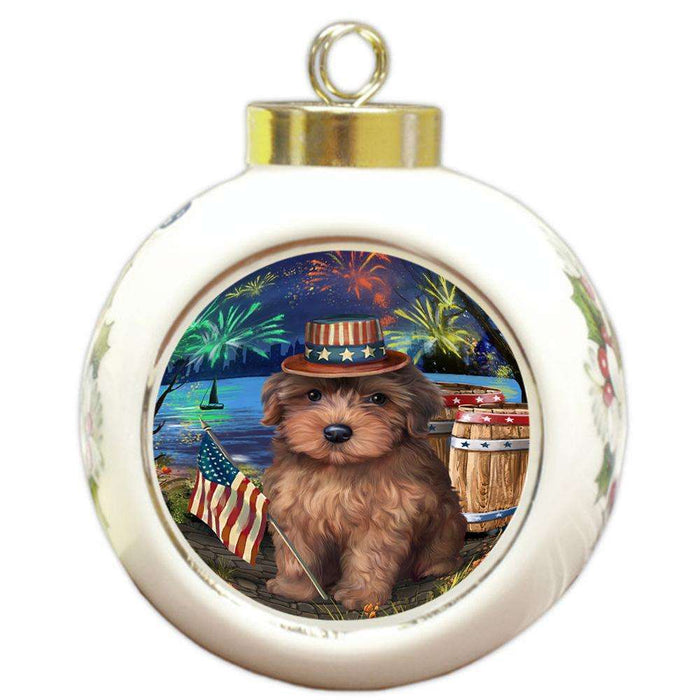4th of July Independence Day Fireworks Yorkipoo Dog at the Lake Round Ball Christmas Ornament RBPOR51267