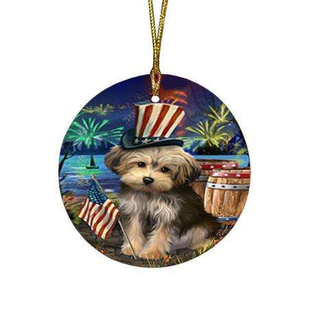 4th of July Independence Day Fireworks Yorkipoo Dog at the Lake Round Flat Christmas Ornament RFPOR51254