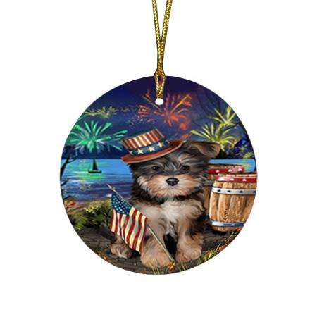 4th of July Independence Day Fireworks Yorkipoo Dog at the Lake Round Flat Christmas Ornament RFPOR51255