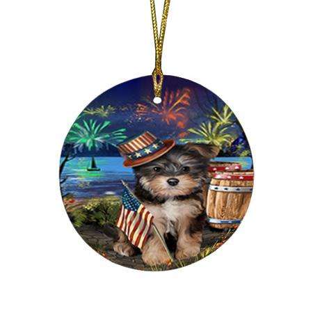 4th of July Independence Day Fireworks Yorkipoo Dog at the Lake Round Flat Christmas Ornament RFPOR51256