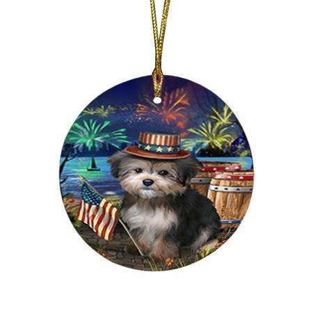 4th of July Independence Day Fireworks Yorkipoo Dog at the Lake Round Flat Christmas Ornament RFPOR51257
